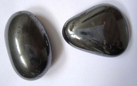 Polished hematite pebbles, photograph by Mauro Cateb (Own work) [CC BY-SA 3.0 (http://creativecommons.org/licenses/by-sa/3.0)], via Wikimedia Commons.