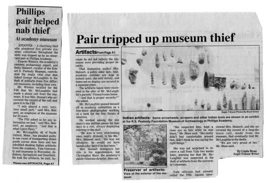 Eagle-Tribune article from 1986 recounts George McLaughlin's theft of artifacts from the Peabody Museum.
