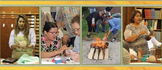 collage of Pueblo potters, from left to right: Dominique Toya, Nancy Youngblood, pottery firing 2015, and Maxine Toya