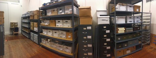 Panorama of one side of the rearranged archives storages area.
