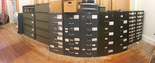 Panorama of the east wall of the rearranged storage area.