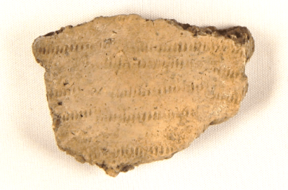 Close-up of one of the incised pottery fragments