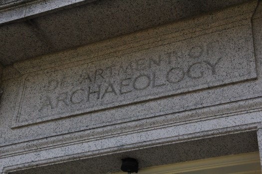 Department of Archaeology engraved on entablature over door of Peabody building.