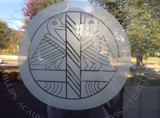 Image of old Peabody logo, on glass panel, from front door.