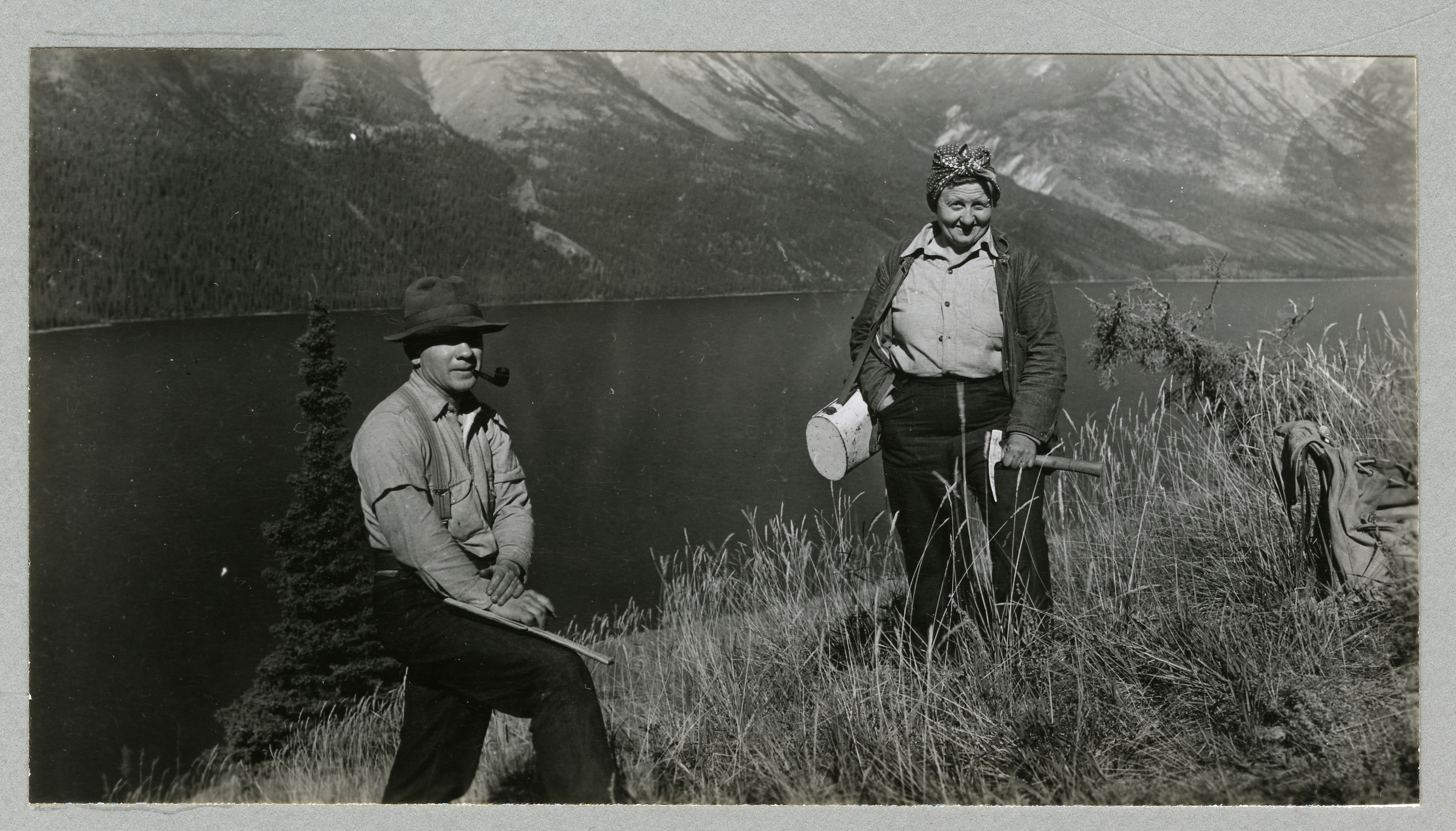 Lucy and Hugh Raup on the southeast slope of Big Arm, Kluane Lake, Andover-Harvard Yukon Expedition 1944. Photograph by J.H.H. Sticht.