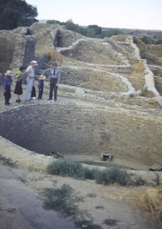 Adelaide and Ripley Bullen and their sons, visiting Aztec ruins in New Mexico, 1941