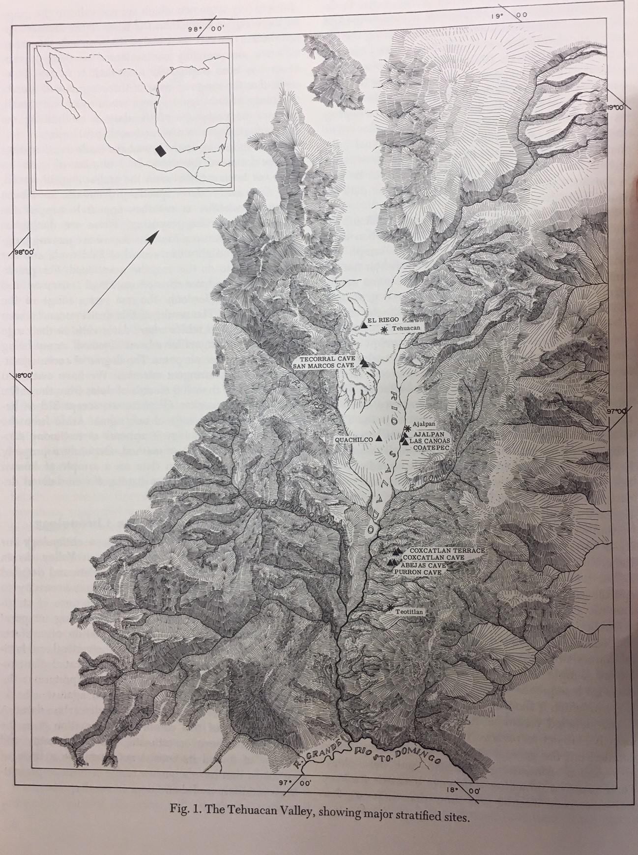 Map of the Tehuacán Valley and some of the sites the carbon samples came from.