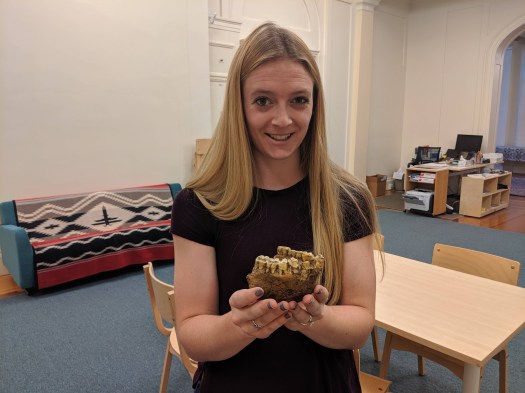 Emma Cook, a woman with long blonde hair, holds the large jaw and teeth of the giant ape Gigantopithecus blacki.