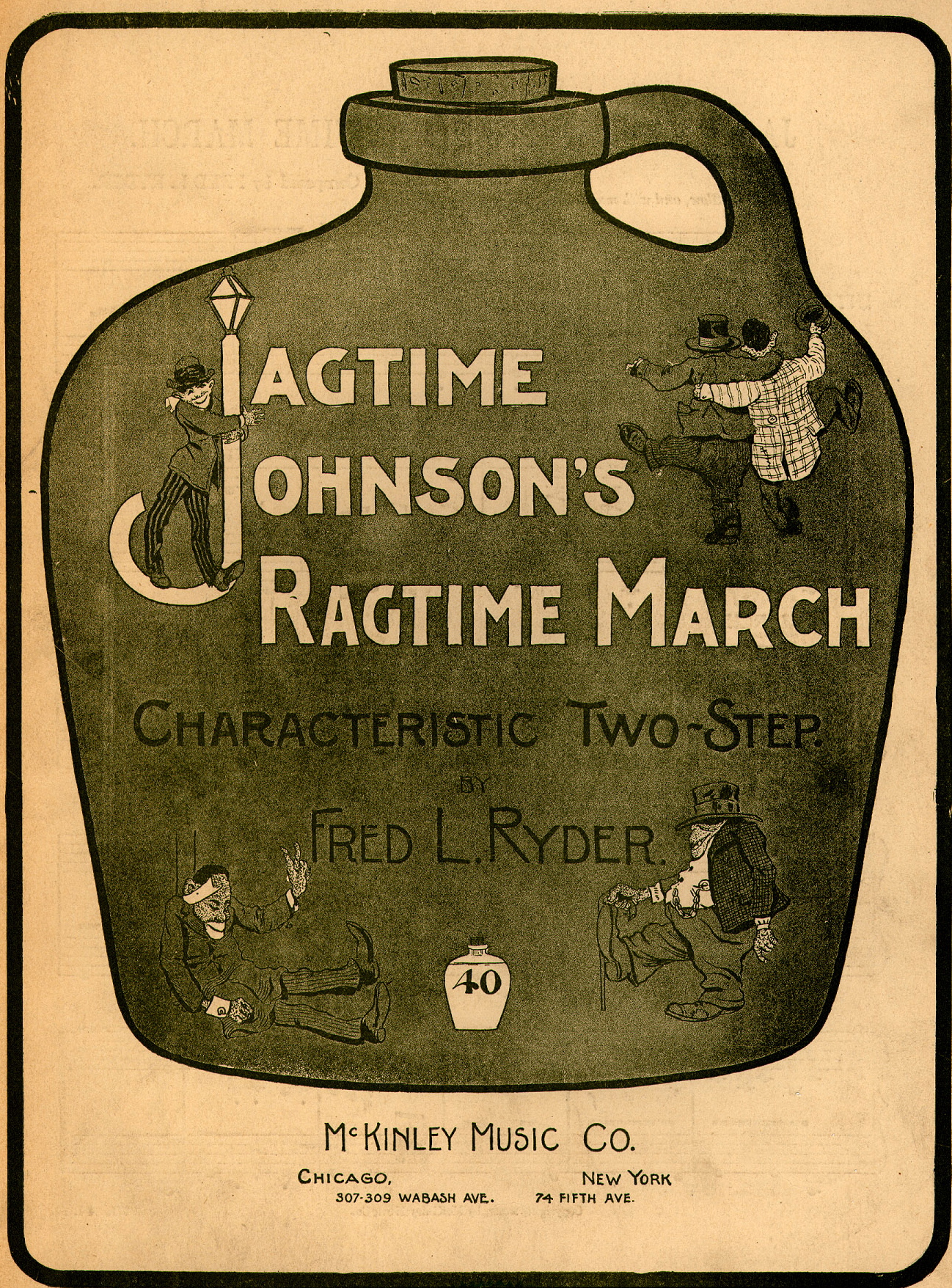 Drawing of jug within which is text "Jagtime Johnson's Ragtime March Characteristic Two-Step Fred L. Ryder" and comical drawings of five men in various poses